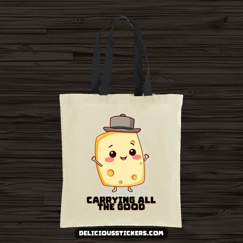 Funny Cheese Wedge Tote Bag depicting a smiling cheese wedge character with a tiny hat, practical and amusing.