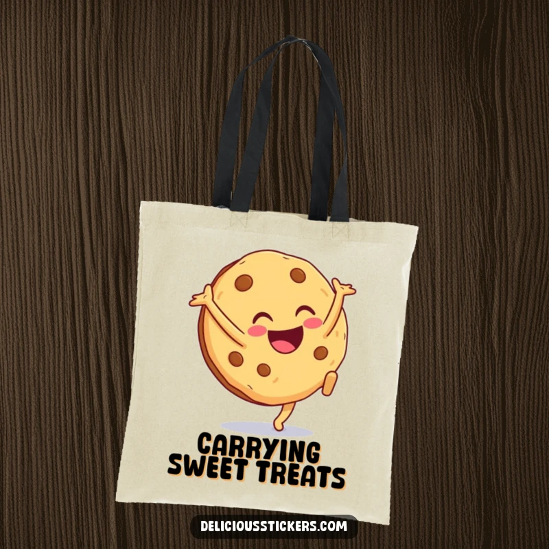 Funny cookie tote bag featuring the excited character doing a cartwheel, perfect for carrying essentials with cheerful humor.