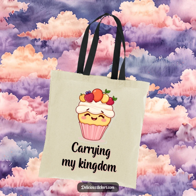 Funny tote bag featuring a giggling cupcake character attempting to wear a fruit crown, a charming and humorous accessory for all.