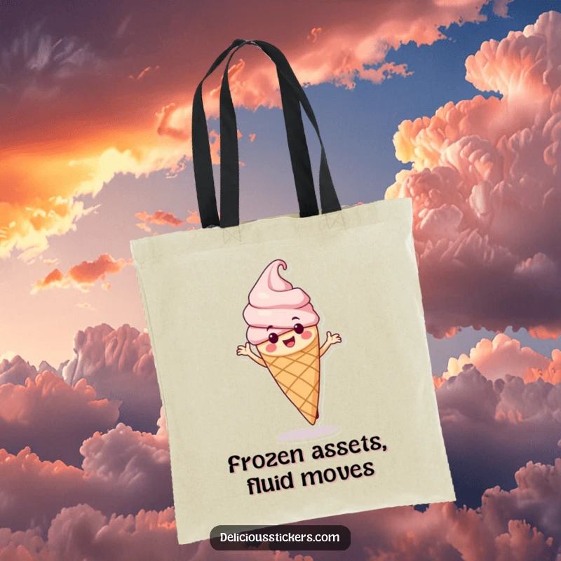 Funny ice cream cone tote bag character in a cheerful spin, showcasing a fun and practical accessory for daily errands.