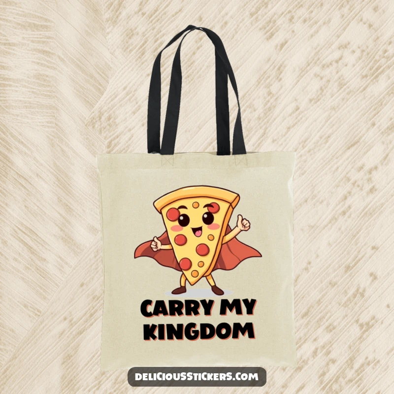 Funny Hero Pizza Slice Tote Bag: A proud pizza slice with a flowing cape poses heroically, ready to carry your items.