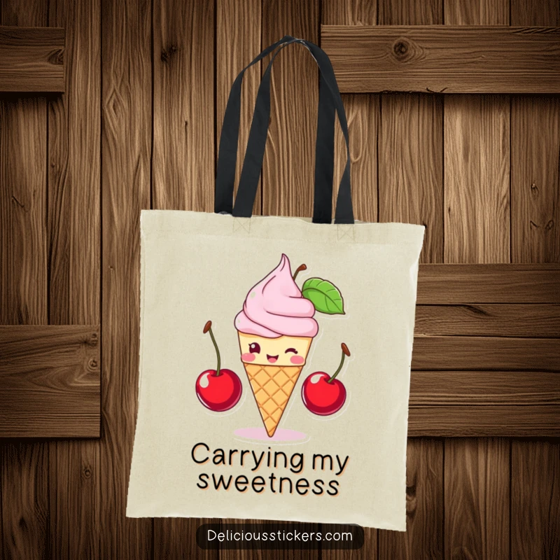 Funny ice cream cone winking and balancing two cherries, this tote bag is a humorous and sweet funny gift.