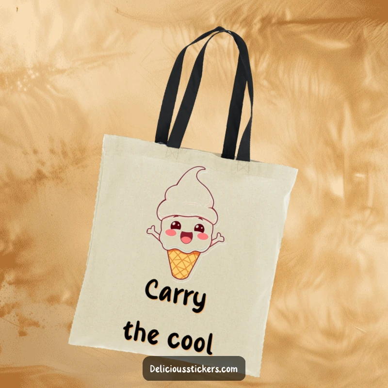 Funny Tote Bag showcasing an excited ice cream cone character wearing a cone hat, perfect for carrying daily necessities with glee.