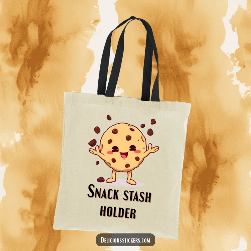 Funny mischievous cookie character juggling chocolate chips on a tote bag, ideal for carrying essentials with snack-themed humor.