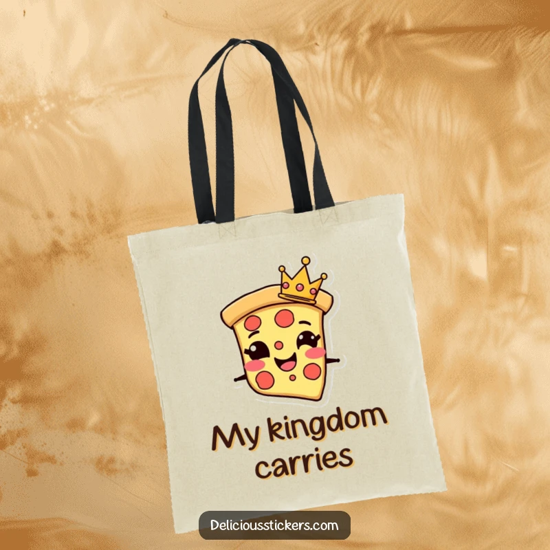 Funny Tote Bag with a grinning pizza slice character wearing a tiny crown, perfect for carrying your daily feast with flair.