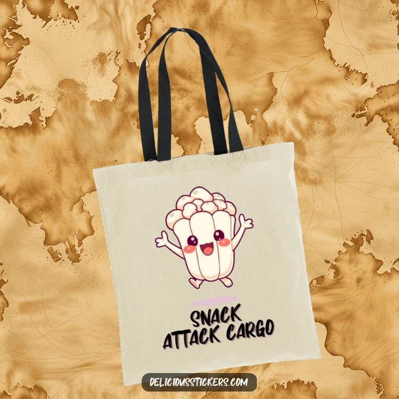 Funny tote bag featuring an extremely happy popcorn kernel character jumping excitedly, perfect for movie nights and snack lovers.