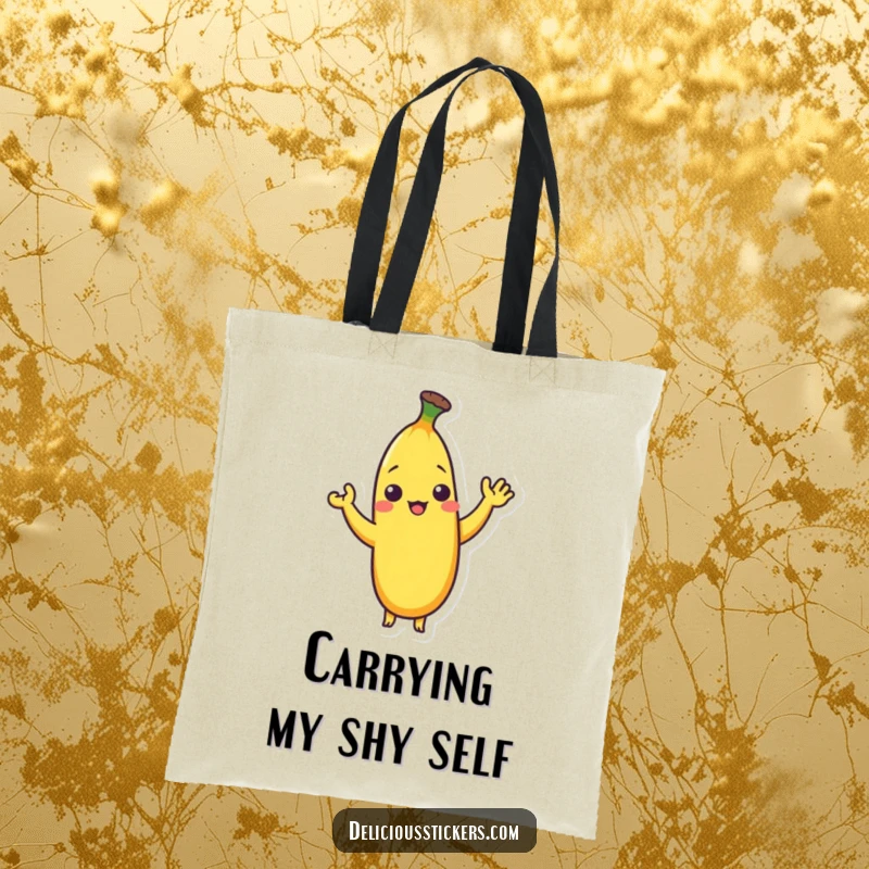 Funny tote bag featuring a bashful banana character doing a shy wave, ideal for daily errands.
