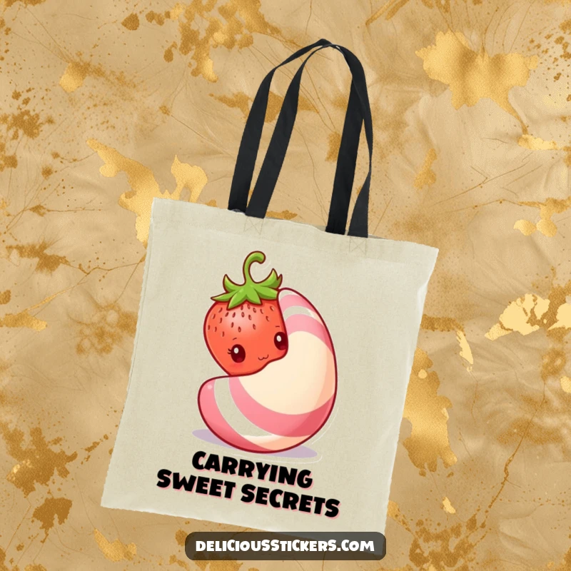 Funny shy strawberry tote bag, a strawberry peeks from behind a big candy, making it a cute and timid accessory.