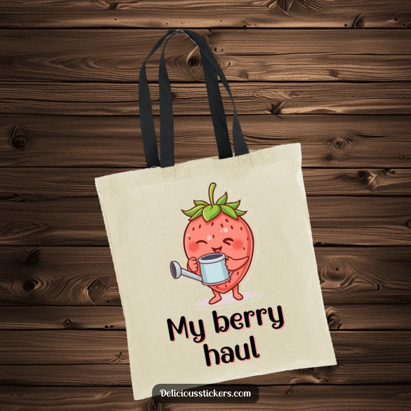 Funny tote bag showcasing a giggling strawberry character holding a tiny watering can and winking.