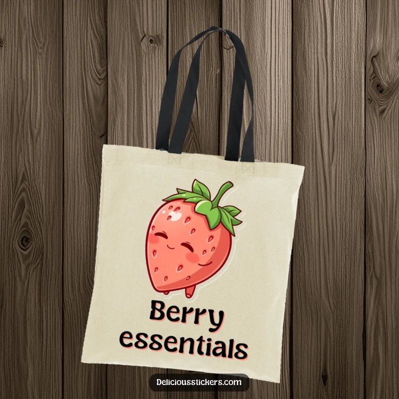 Funny Tote Bag: A smiling strawberry character tips its leafy hat and winks, showcasing its playful and charming personality.