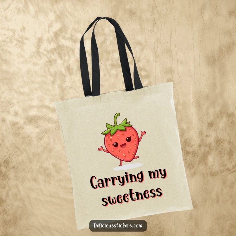 Funny strawberry jig tote bag featuring a delighted strawberry doing a happy little jig with its leaves, perfect for carrying items.
