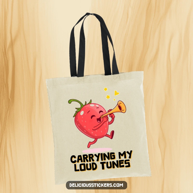 Funny tote bag with a jumping strawberry character playing a tiny trumpet, perfect for carrying essentials with flair.