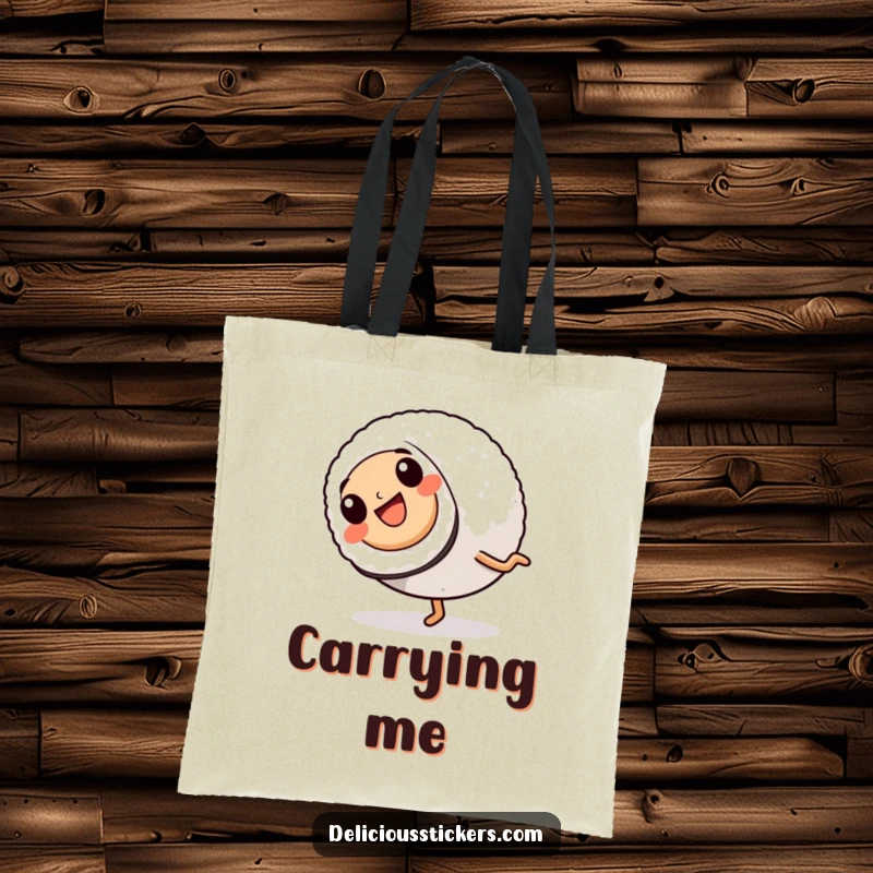 Funny Tote Bag: A sushi roll with legs is depicted mid-cartwheel, showcasing its dynamic movement and cheerful disposition.