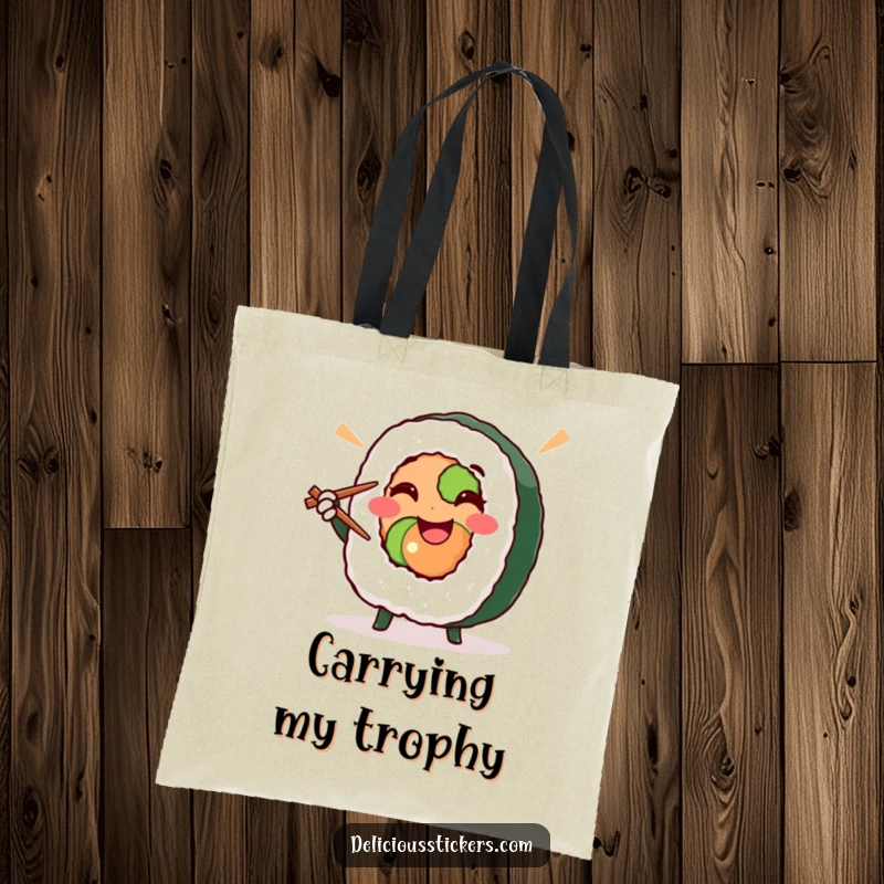 Funny sushi roll character doing a victory pose with chopsticks, this tote bag is a humorous and delicious funny gift.