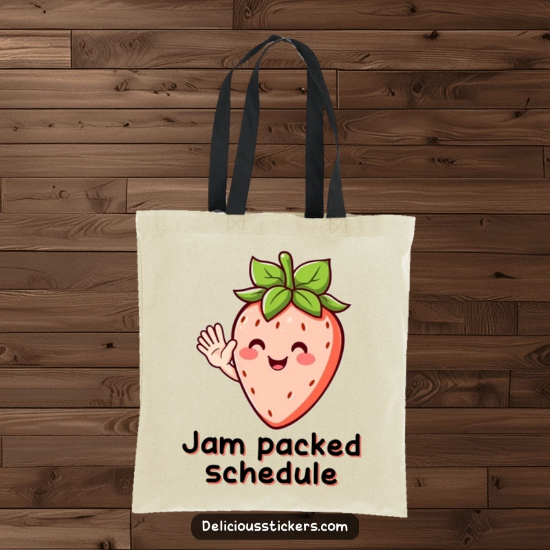 Funny tote bag featuring a smiling strawberry character with leafy hair, giving a cheerful and humorous wave to passersby.