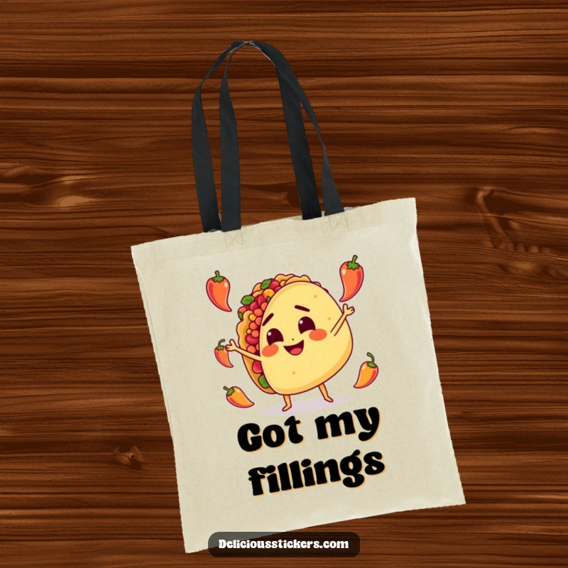 Funny Tote Bag: A smiling taco character with intense focus juggles miniature spicy peppers, showcasing its skill with flair.