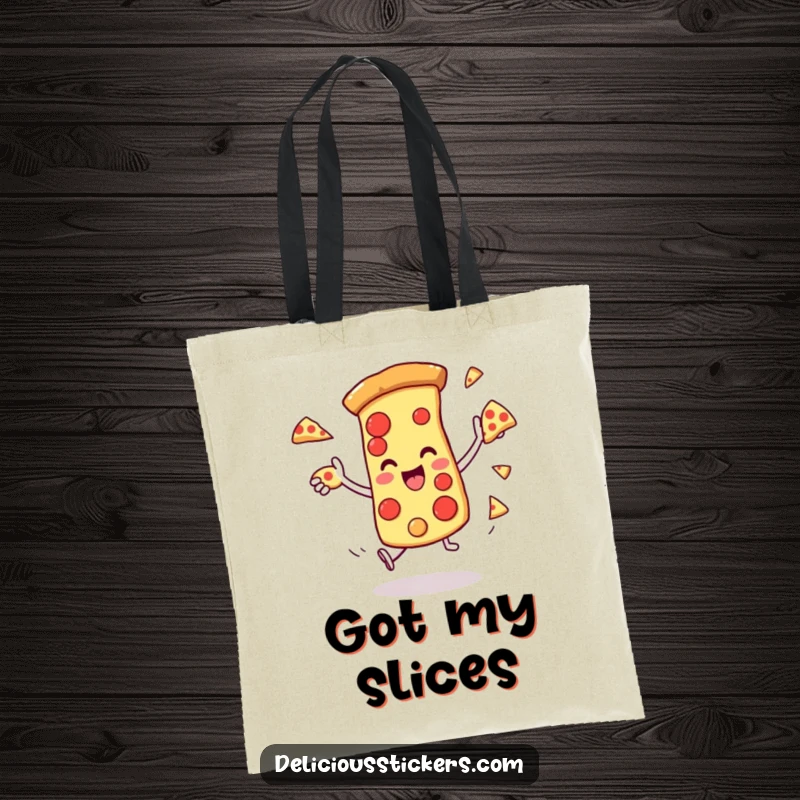 Funny tote bag featuring a pizza slice juggling itself, great for groceries, books, or a pizza night carry-all.