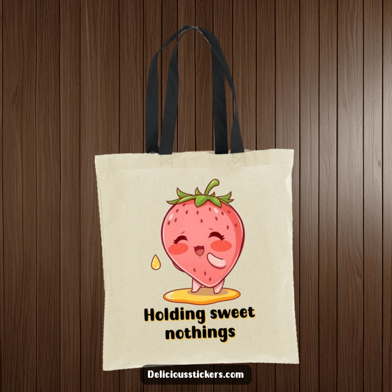 Funny Tote Bag: A blushing strawberry character poised to catch a syrup drop, showing adorable effort and charm.