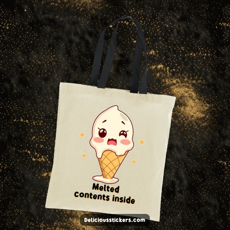 Funny tote bag with a shocked ice cream cone melting slightly, ideal for carrying groceries or daily items with dessert-themed humor.