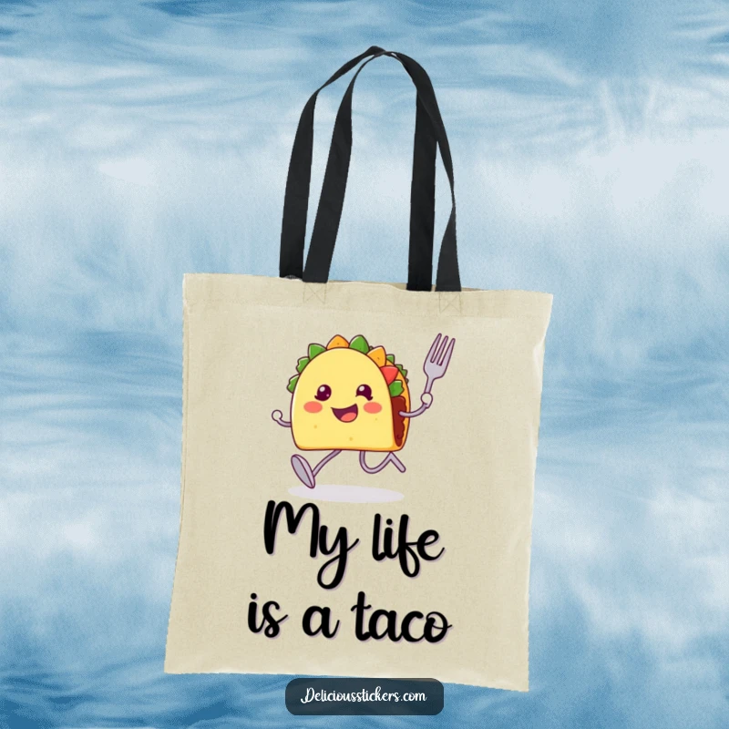 Funny tote bag showcasing a happy taco character with legs, fork, and spoon, running energetically.