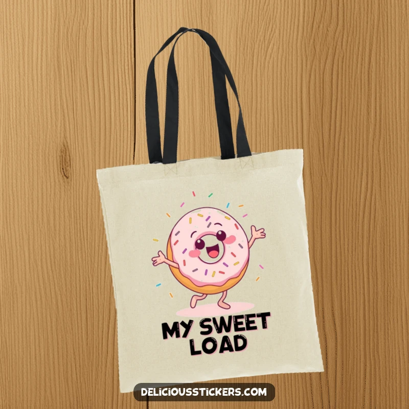 Funny tote bag showcasing a cheerful donut character doing a silly dance with sprinkles flying.