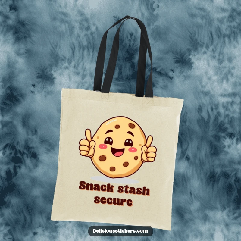 Funny Cookie Tote Bag with a happy cookie character giving double thumbs up, practical and cheerful.